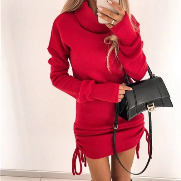 🎉Limited Offer Chic Casual Red Midi Turtleneck Ruched Dress - Picture 7 of 7